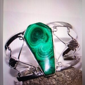 Malachite Stamped 925 Sterling Silver Cuff Bracelet